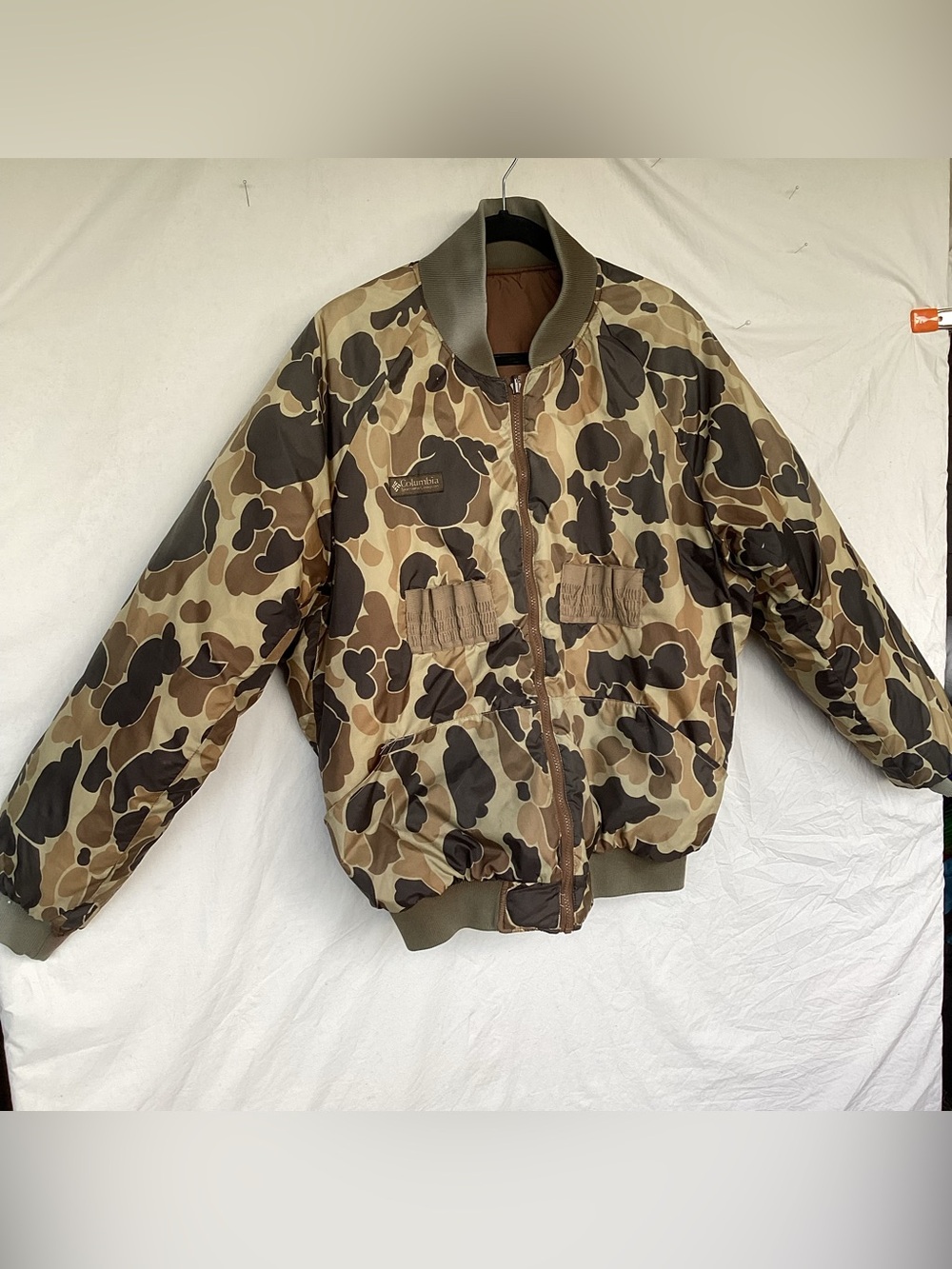 Vintage 1990s Columbia reversible duck and frogskin camo hunting bomber jacket